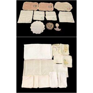 Vintage Linen Tablecloth & Napkin Lot Mixed Styles Embroidered Crochet Monogramm